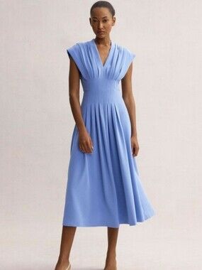 NWT THE FOLD Tivoli Midi Dress In Blue Crepe Cap Sleeve Pleated Size US 10 NEW